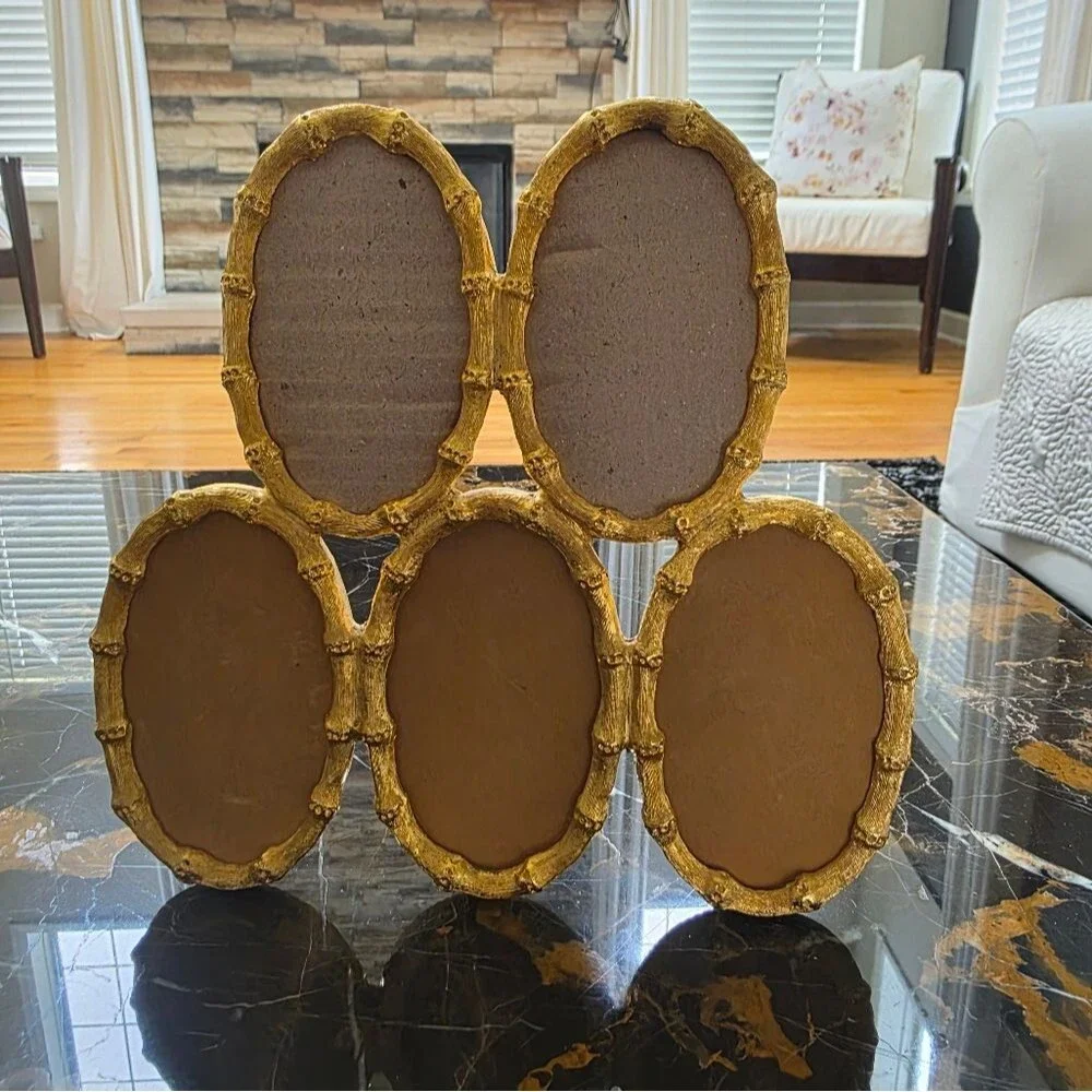 Gold Plated Faux Bamboo 5 Picture Frame 1970s Gilt Metal Grandmill